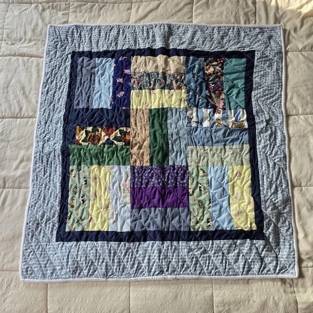 Handmade Baby Quilt‎ Patchwork Cotton Quilted Blue Nursery Blanket 36